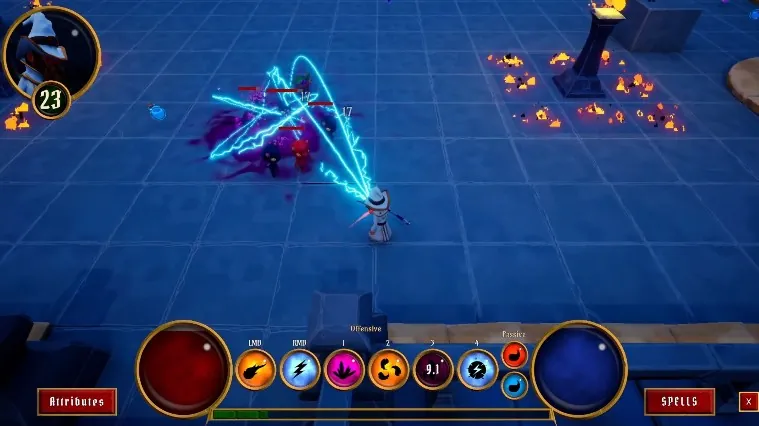 Atlas: a wizard casting lightning at enemies in a dungeon