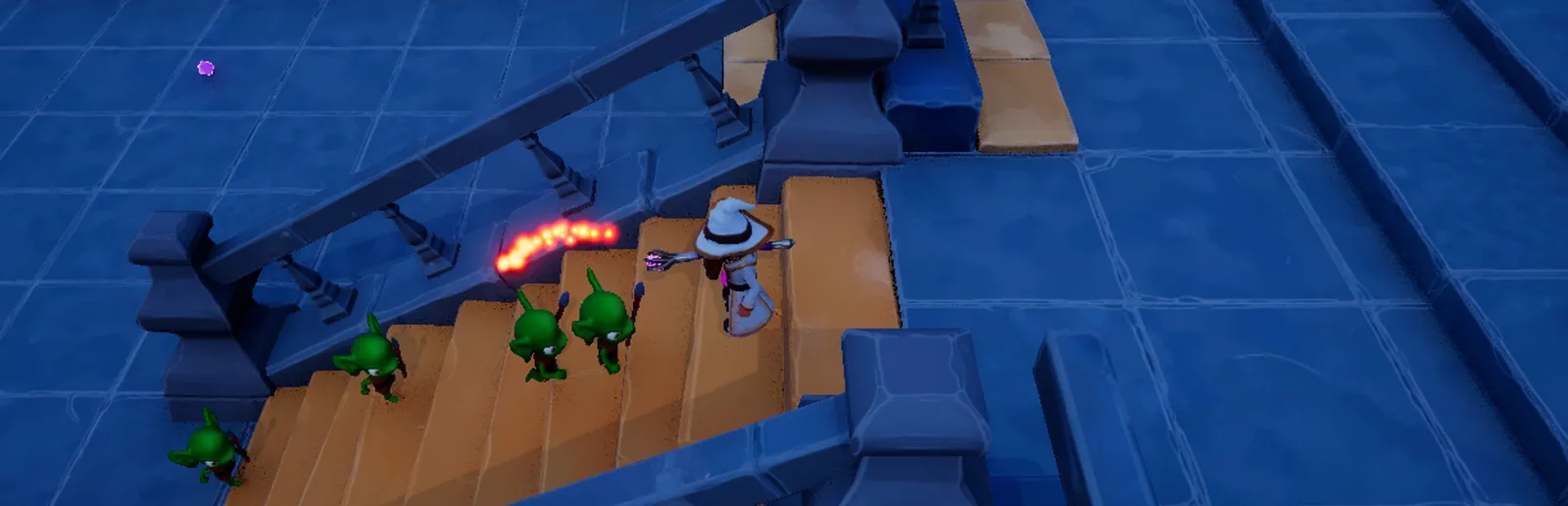 Goblin enemies chasing the wizard up a dungeon staircase