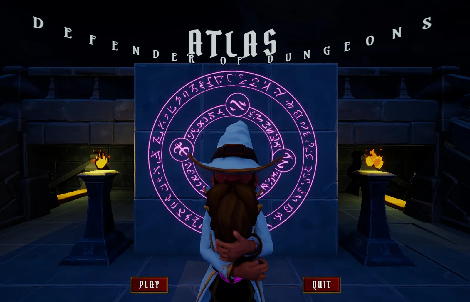 Atlas: Defender of Dungeons title screen, a wizard facing a glowing rune circle