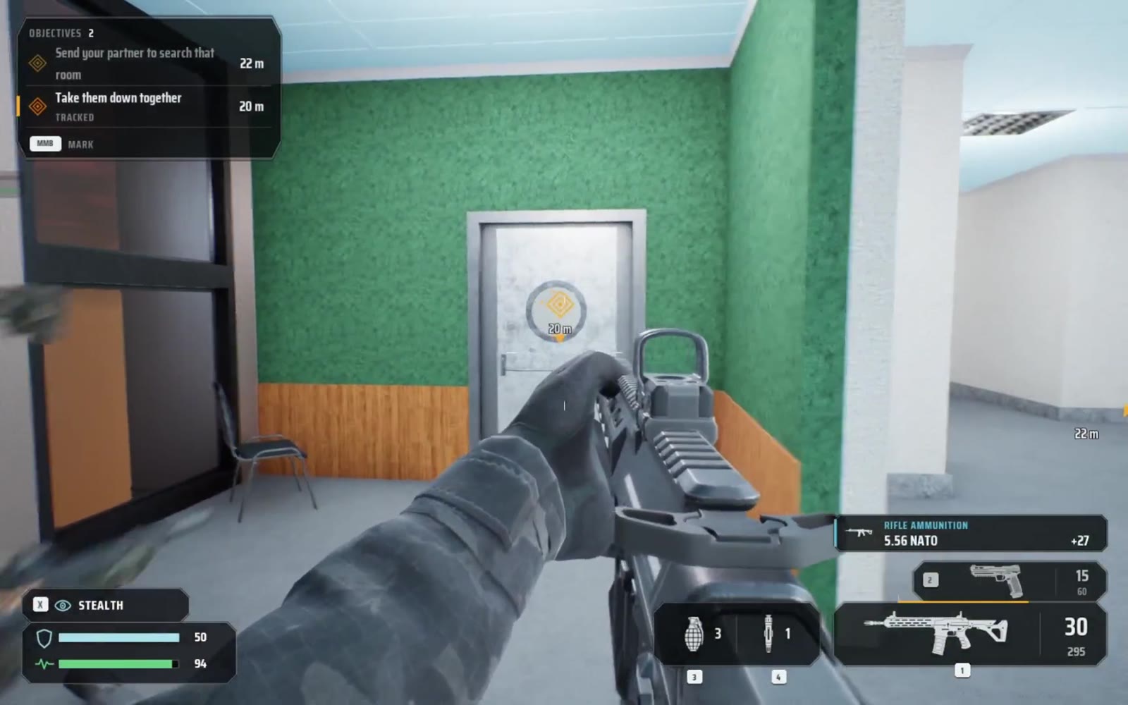 Project Extract: the player at a door in the compound, rifle raised