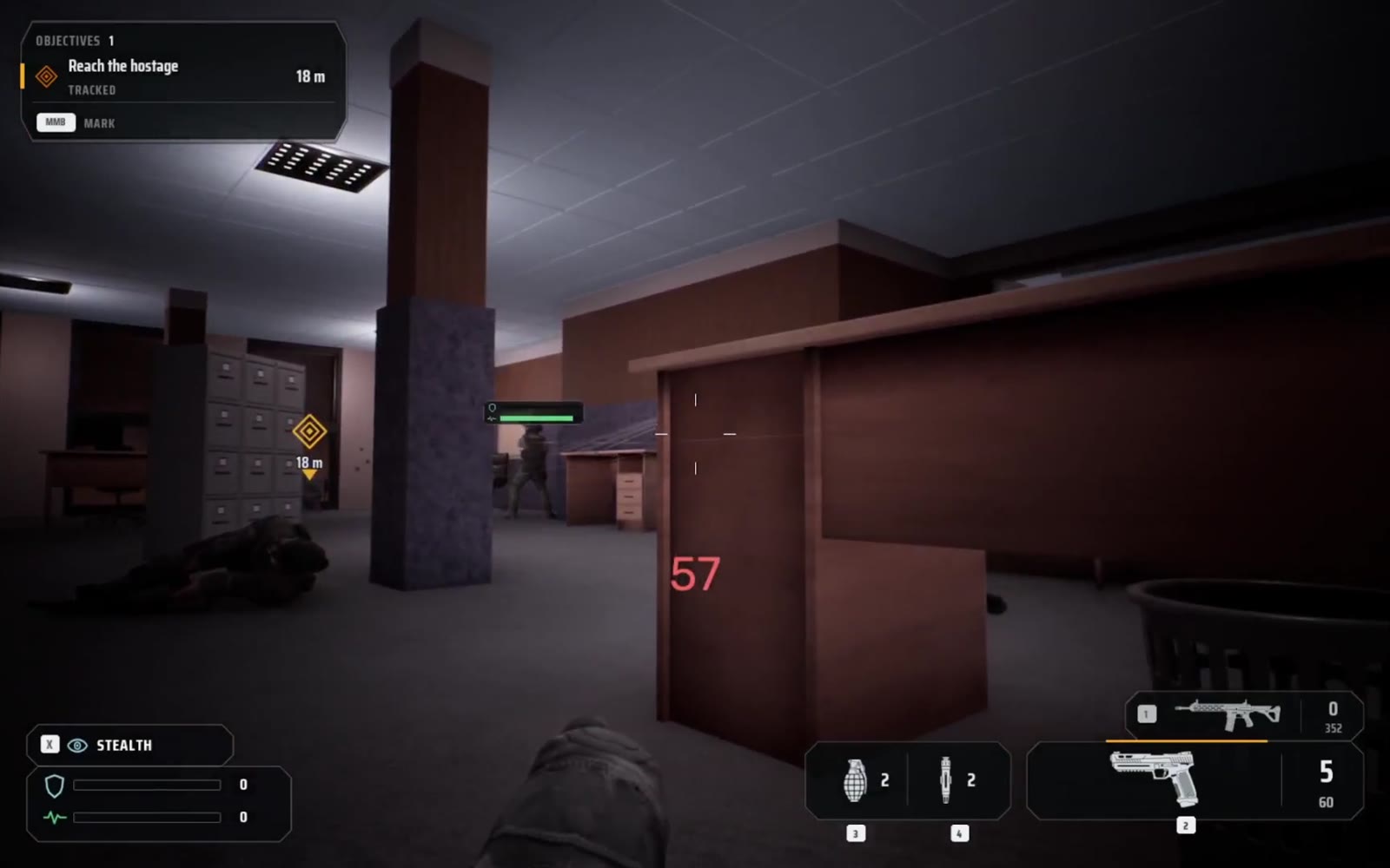 A dark office in the compound, with the objective to reach the hostage