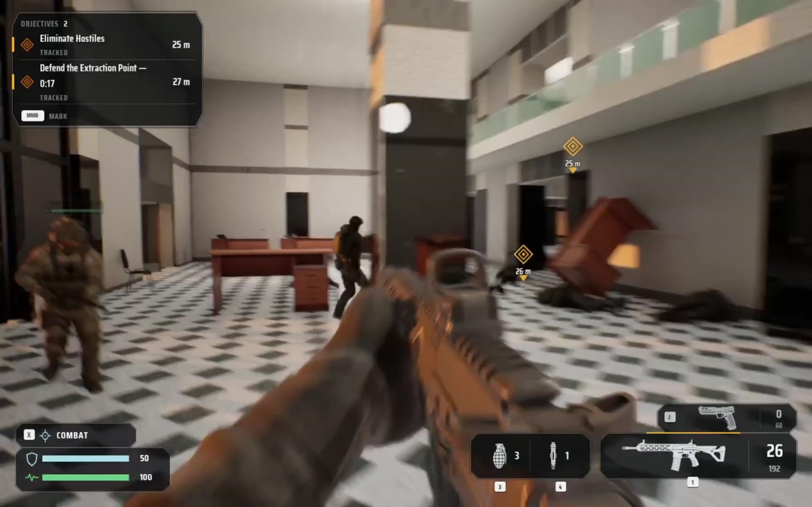 Enemy soldiers moving through an atrium while the player defends the extraction point