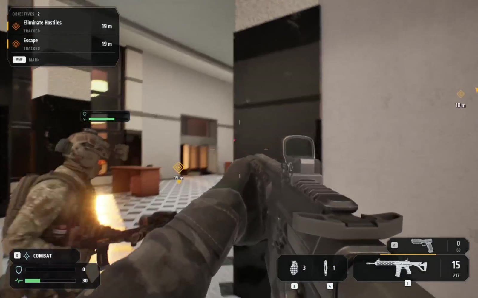 An enemy soldier firing from behind a pillar at close range