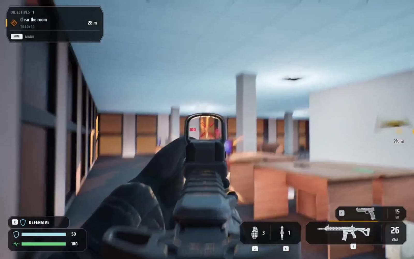 Aiming down a red dot sight across a bright office, with the objective to clear the room