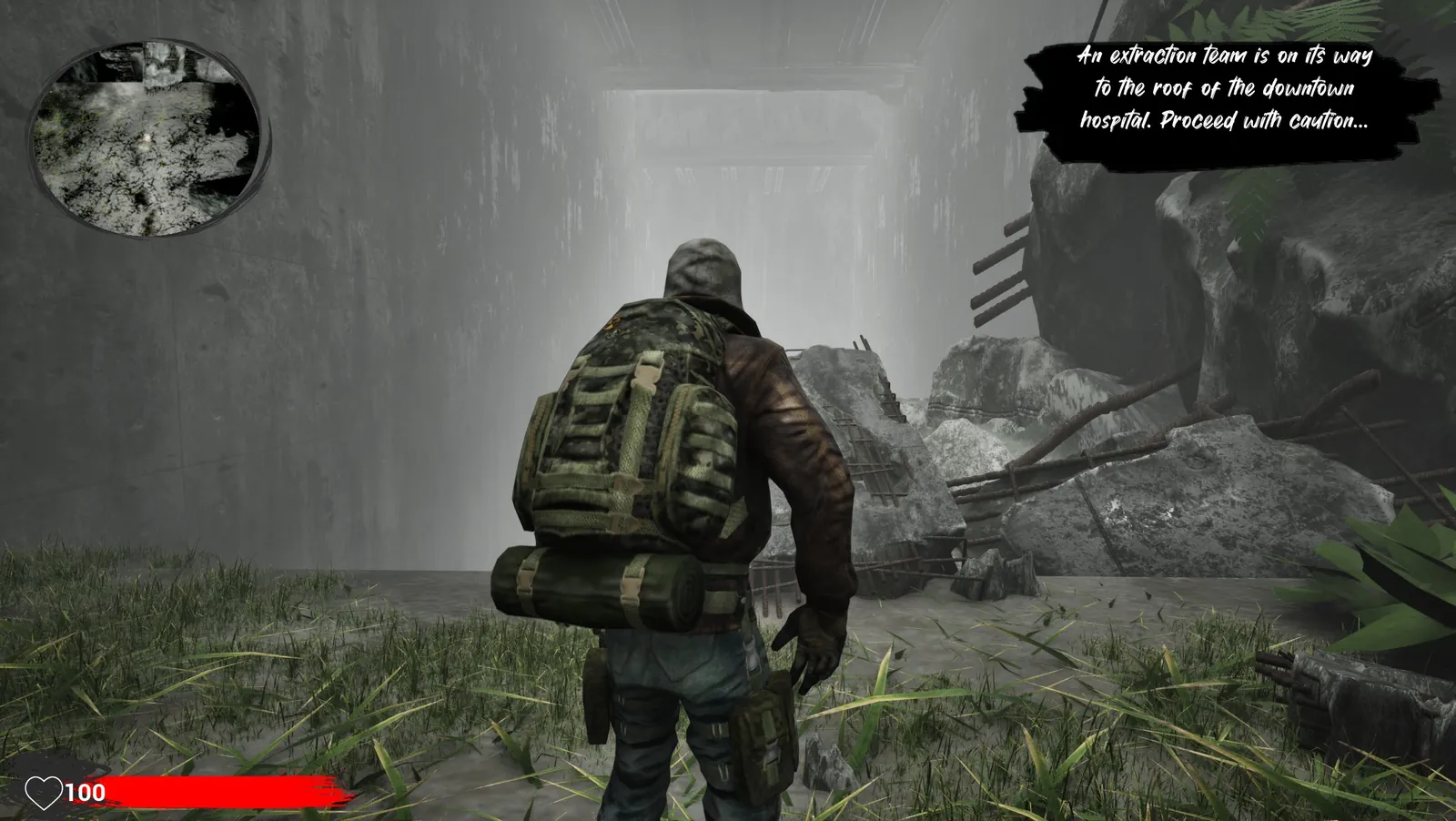 After the Fall: the player character in a ruined, misty city