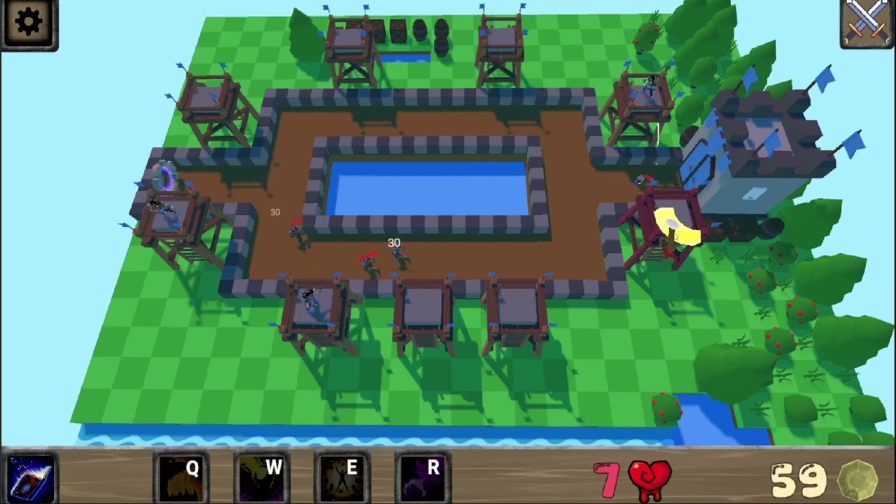 Path of Noah: towers around a castle on a tile-built level