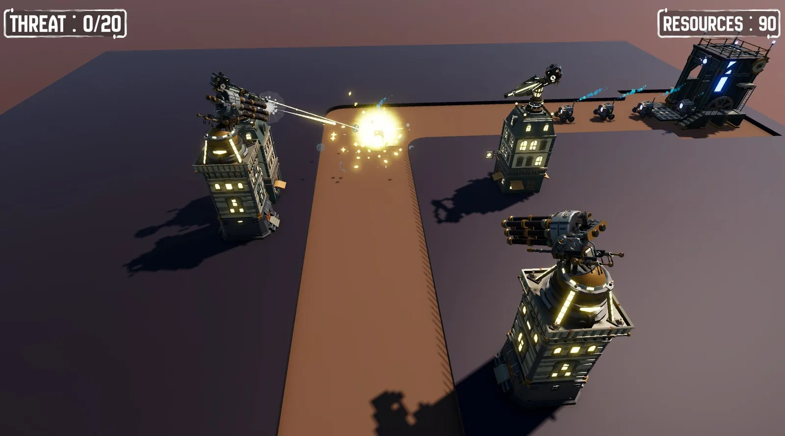 Tower Blitz Battleground: towers firing on enemies along a path