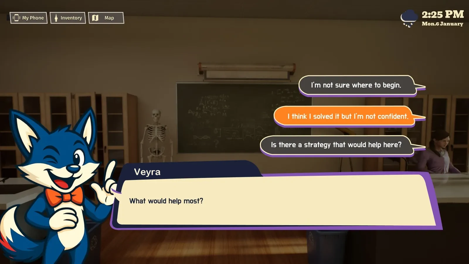 Veyra, the fox guide, asking a student what would help most