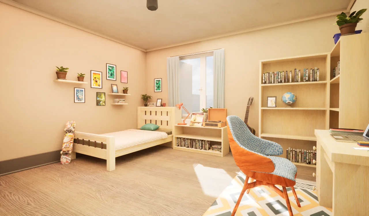A student bedroom in Pebble Academy with a desk and bookshelves