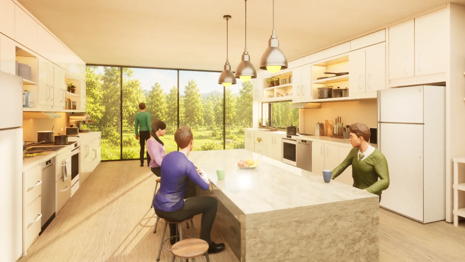 Students chatting around a kitchen island in Pebble Academy