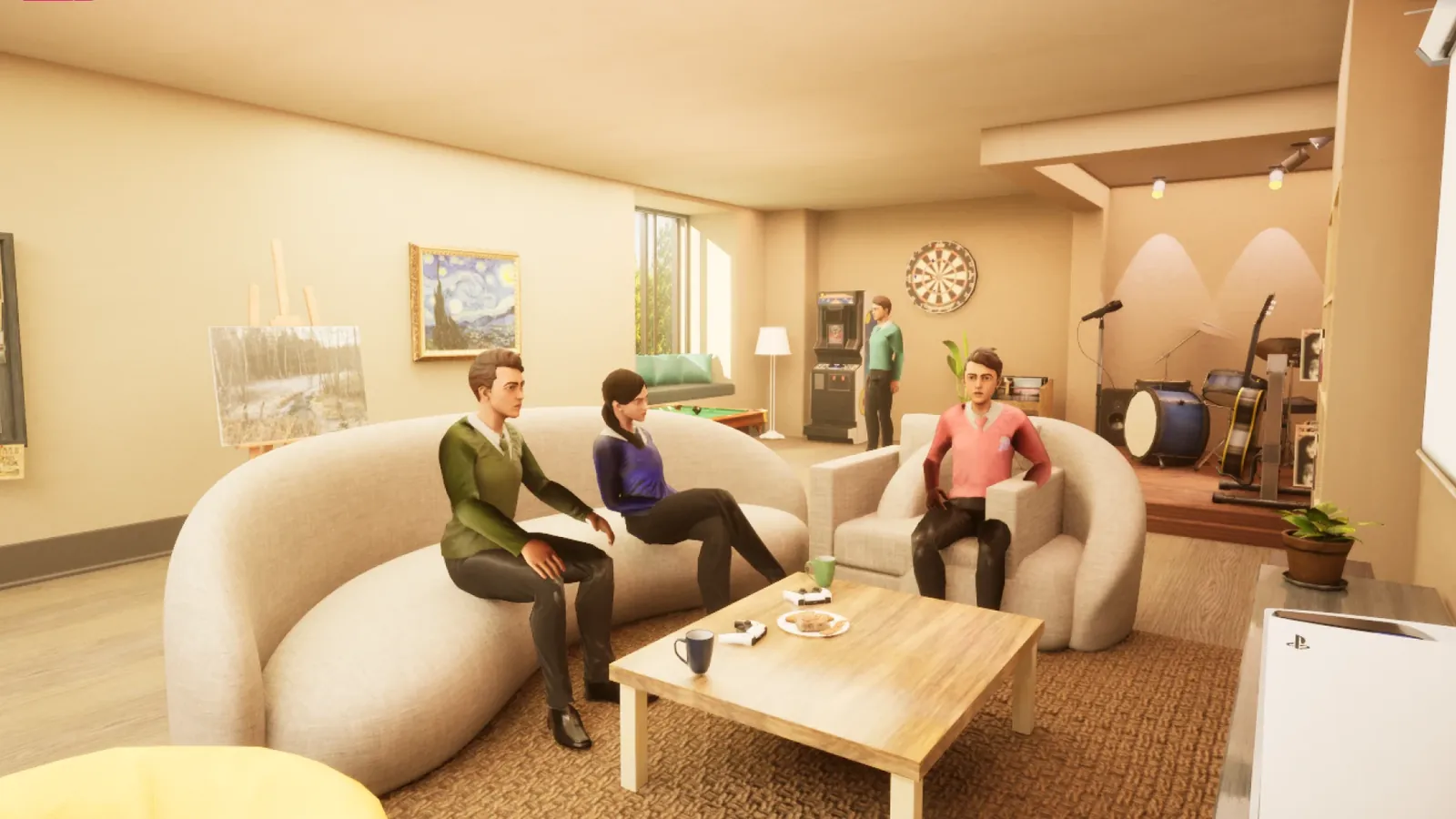 Students relaxing on sofas in the Pebble Academy lounge
